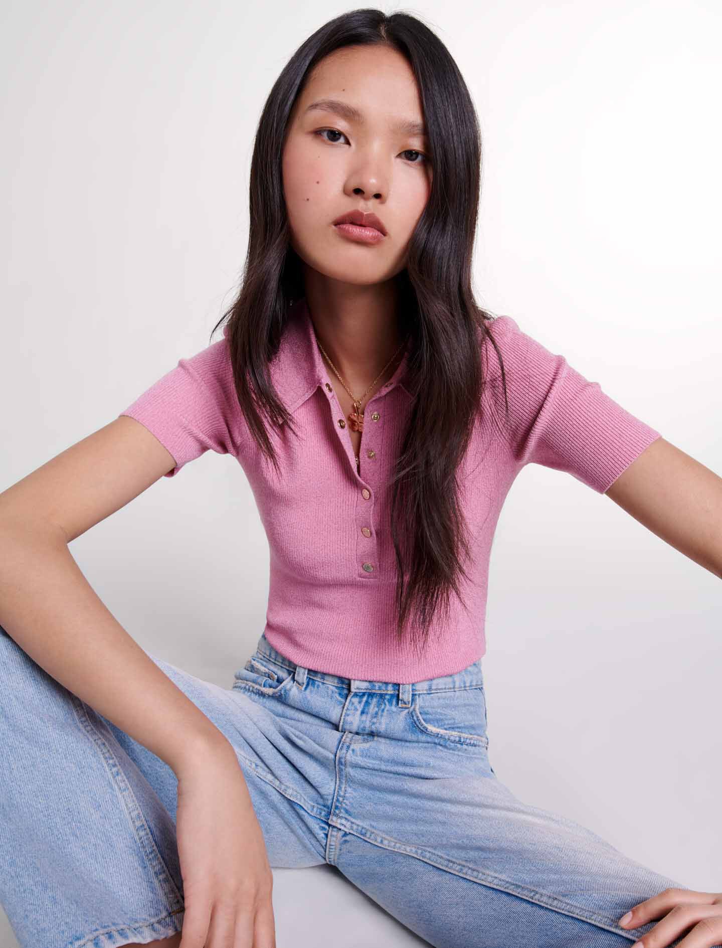 Sparkly knit polo shirt Pink for Women | Maje