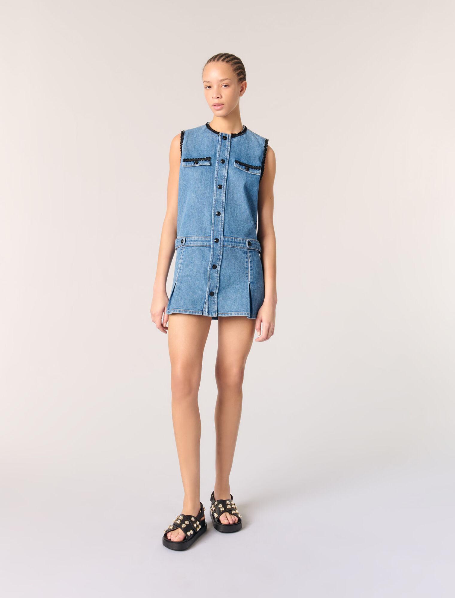 Denim dress with embroidered trim