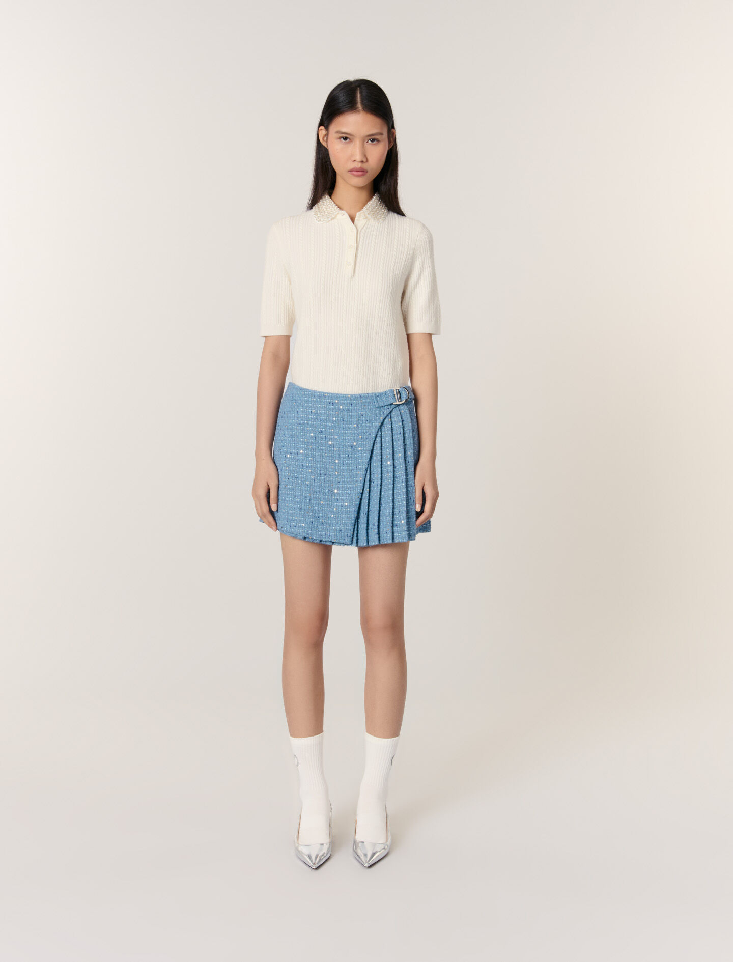 Pleated tweed skort Blue for Women | Maje