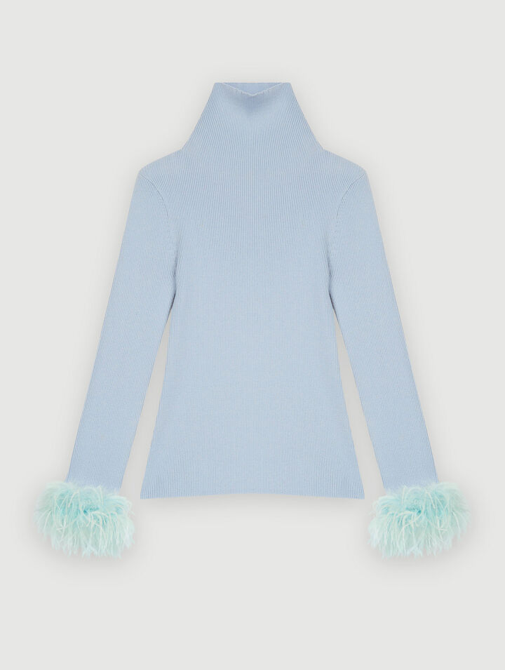 Turtleneck pullover with feathered cuffs