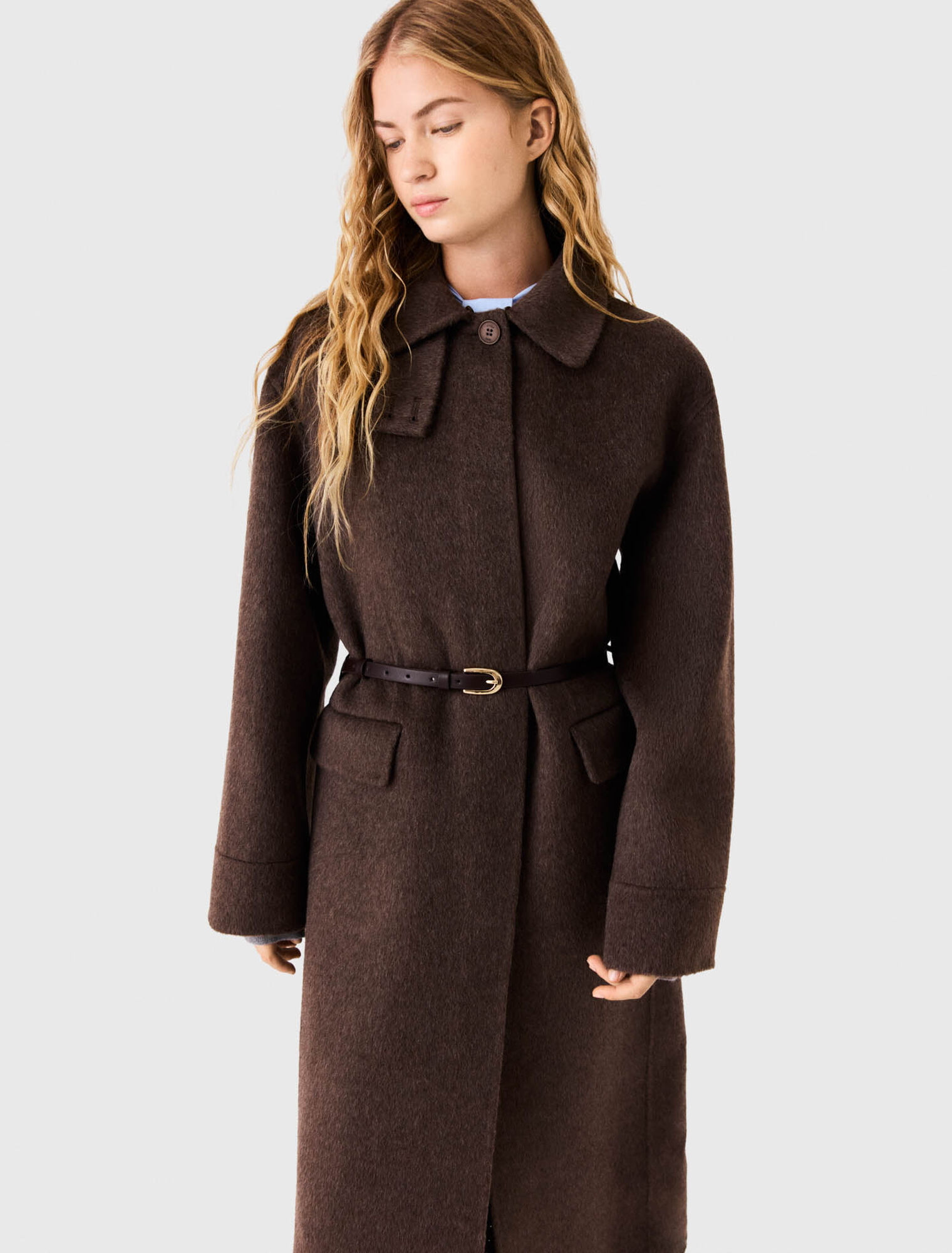 Long coat with faux fur collar