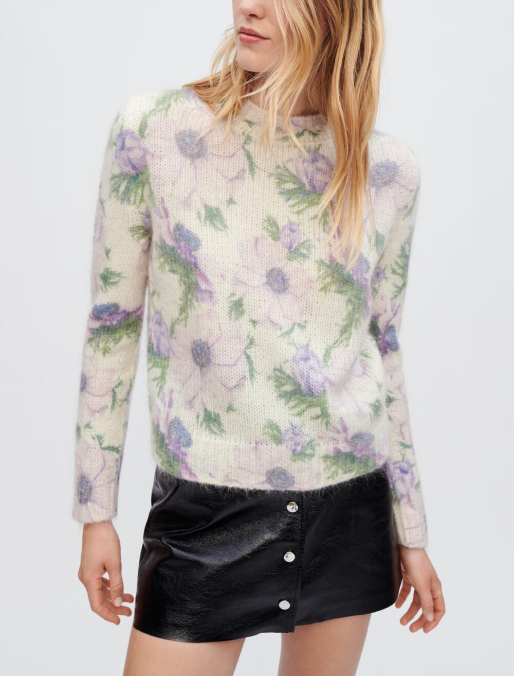 Flower fluffy jacquard sweater Purple for Women | Maje