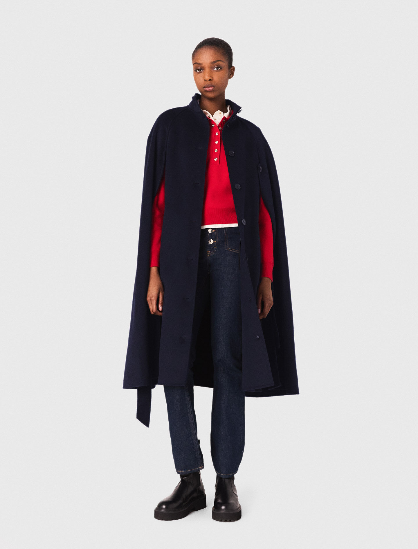 【YENN】DOUBLE FACE CAPE JACKET Long double-faced coat with cape Blue for Women | Maje