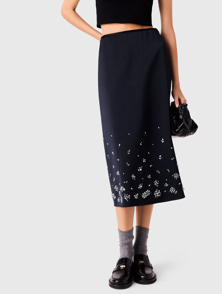 Embroidered satin midi skirt