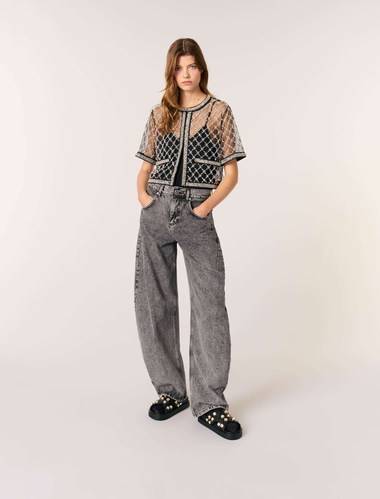 Embroidered tulle top - Short sleeves | Maje