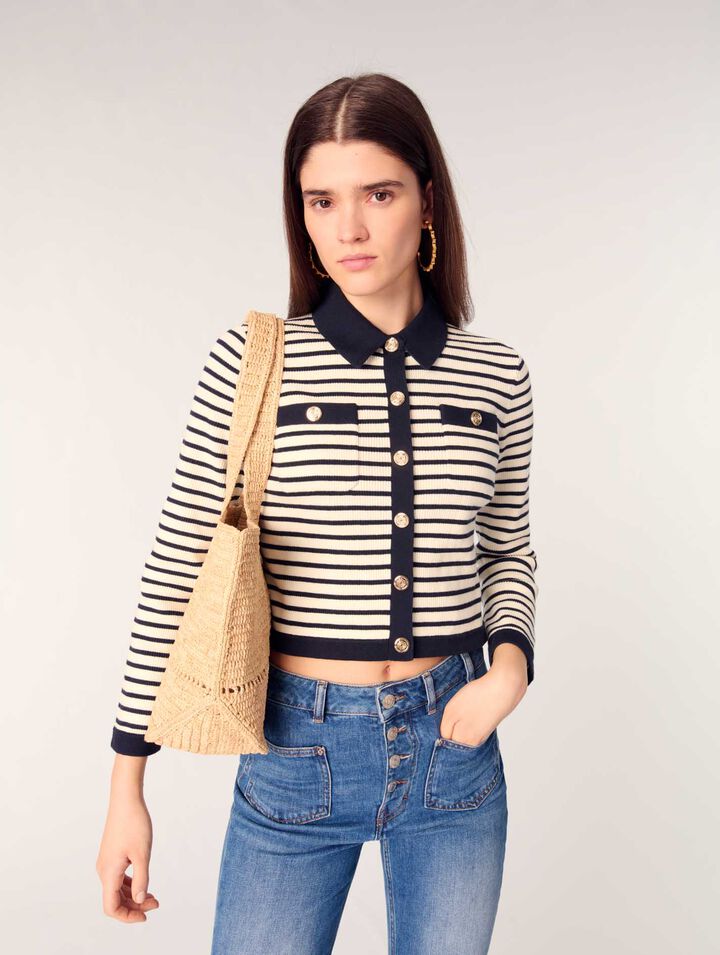 Cropped rib knit cardigan