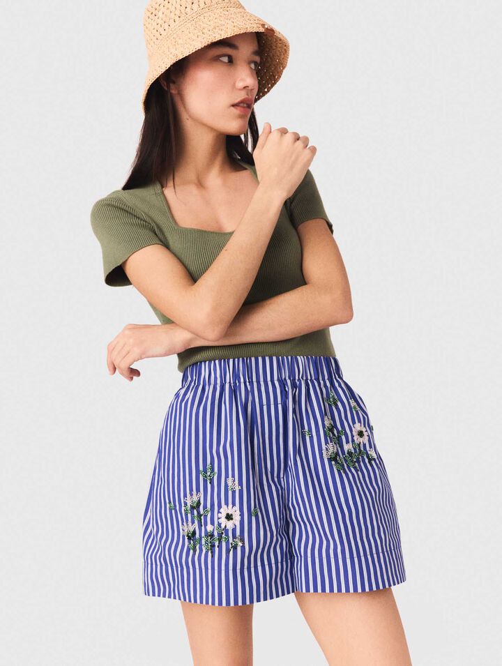 Embroidered striped cotton shorts