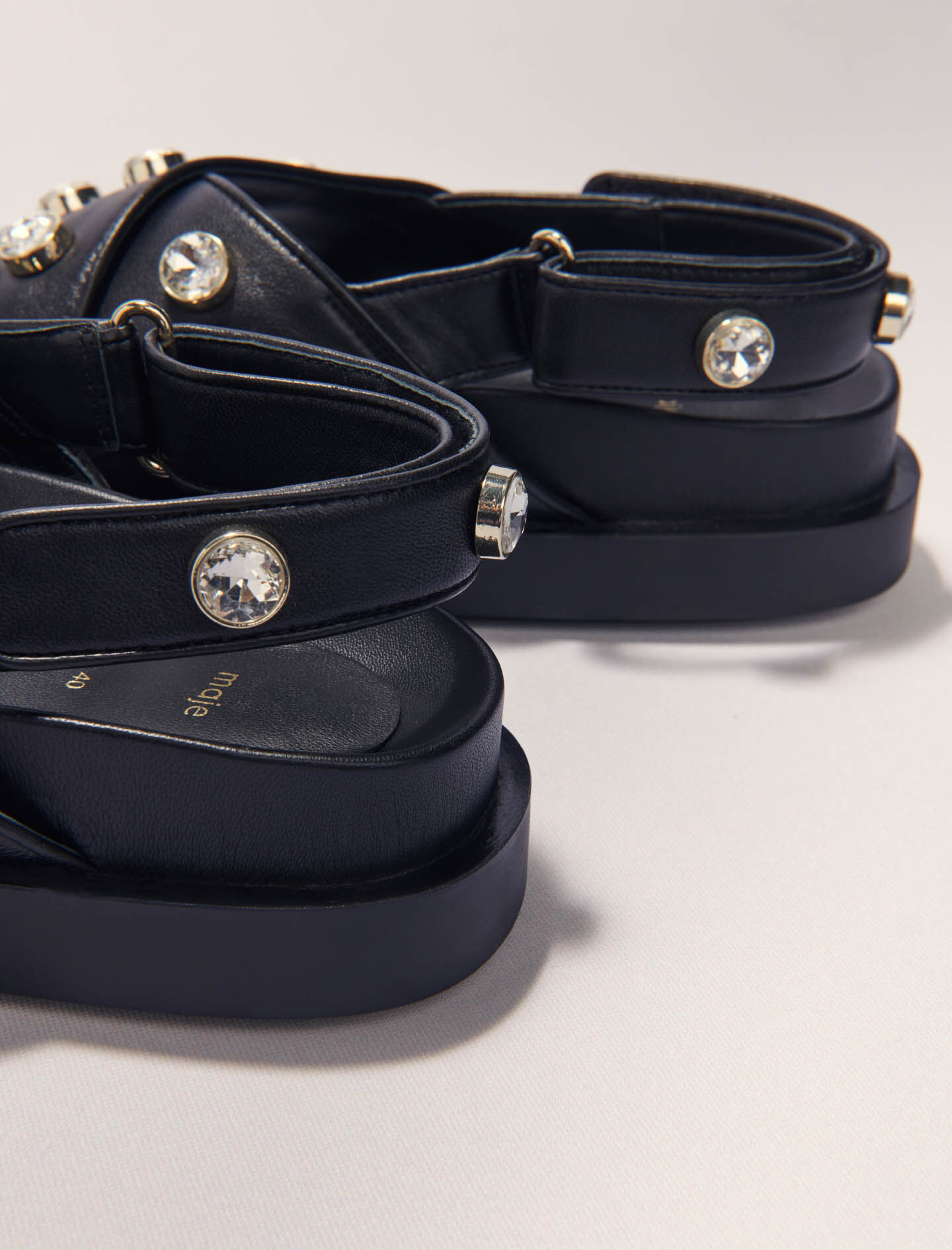 Flat leather and rhinestone sandals Black / Gray for Women