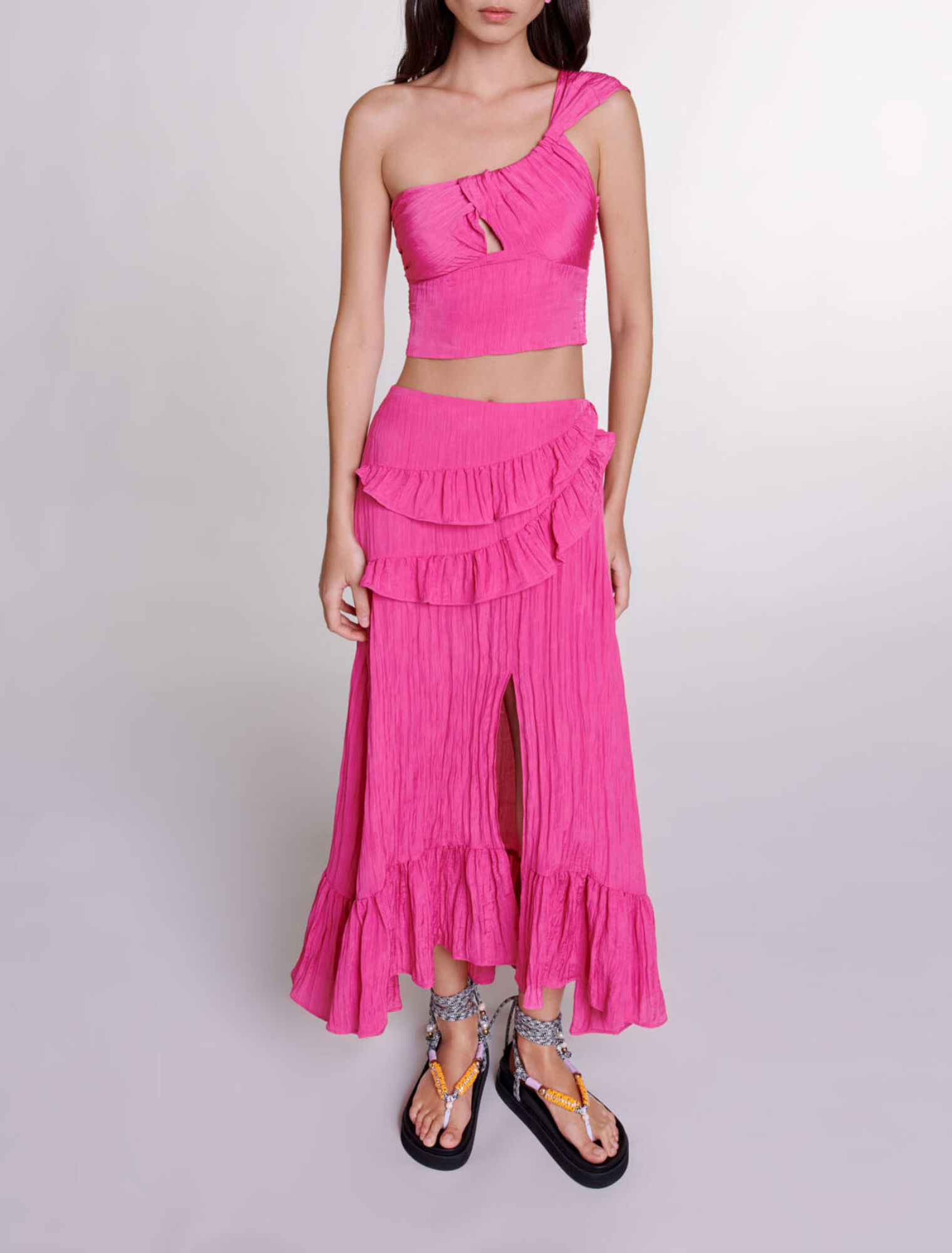 Long satin-effect crinkle skirt