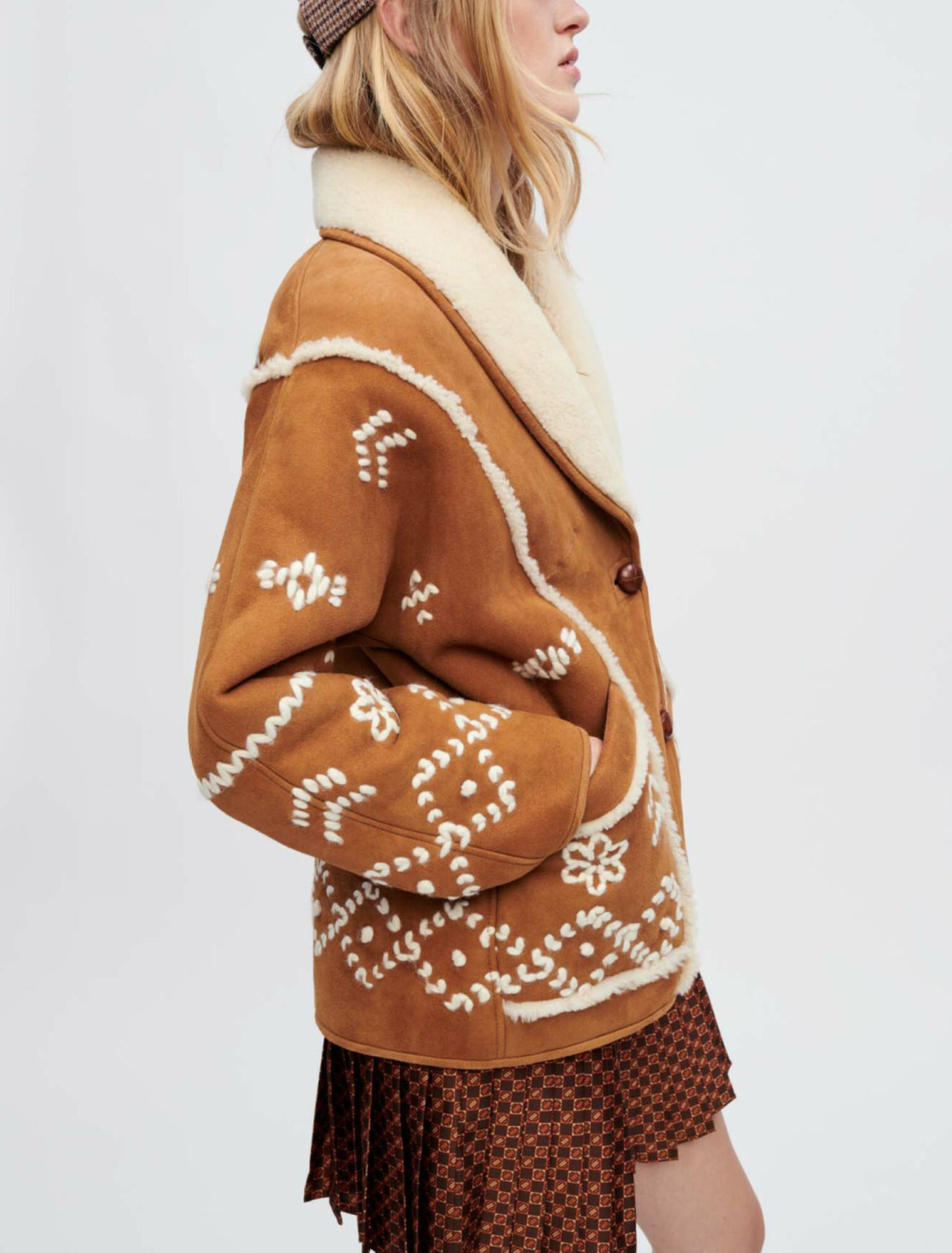 Fully embroidered shearling coat