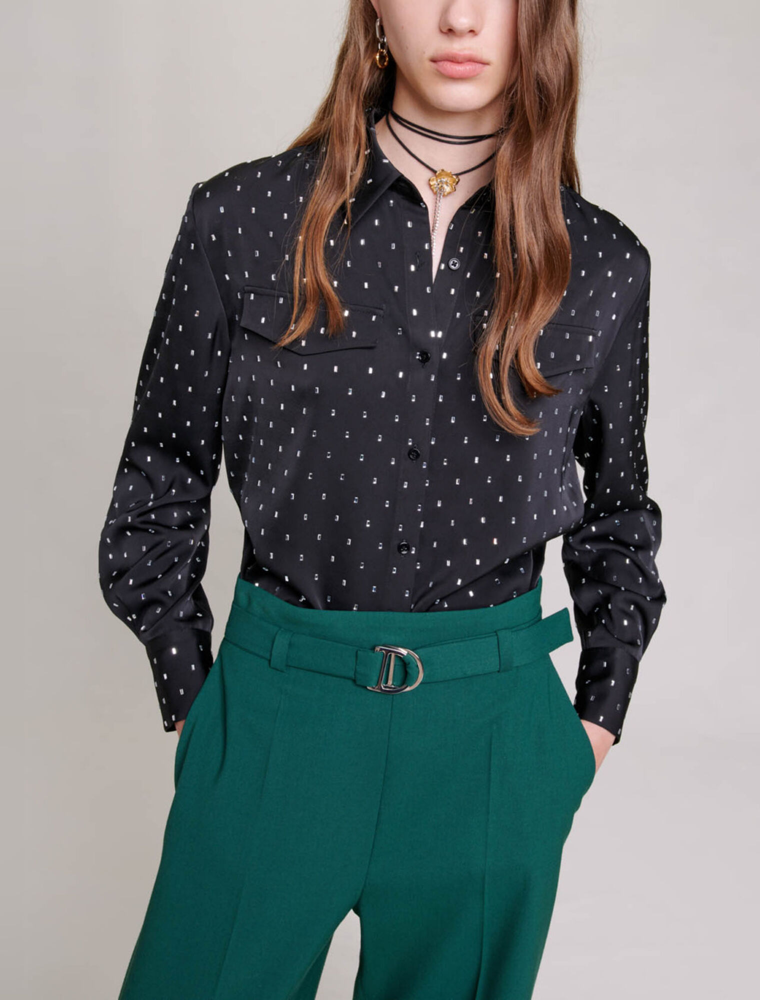 Satin-effect shirt with rhinestones