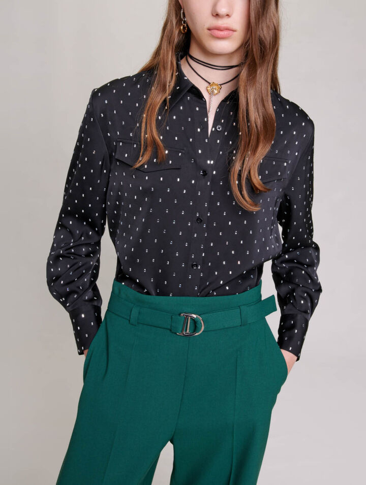 Satin-effect shirt with rhinestones