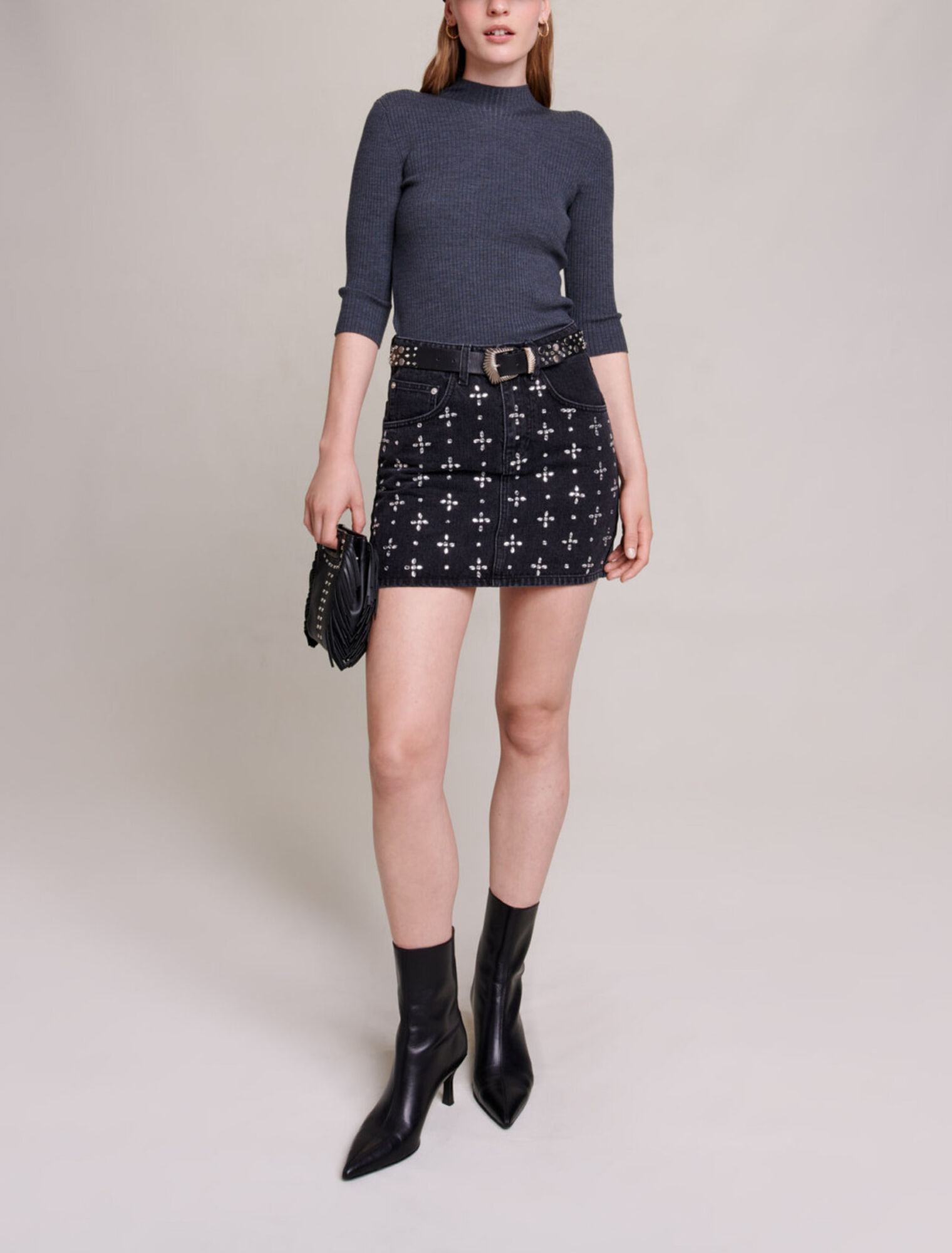 Short denim skirt with rhinestones