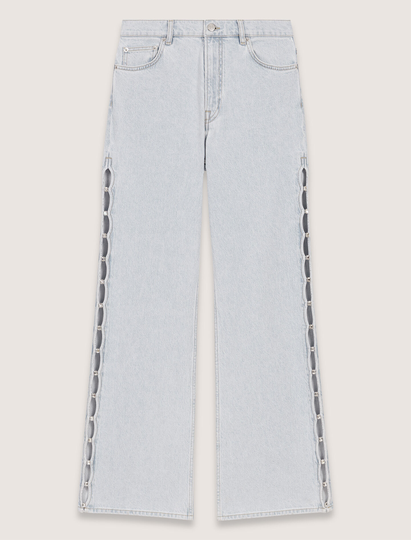 【MAJE】 Wide-leg rhinestone cutaway jeans Blue for Women | Maje