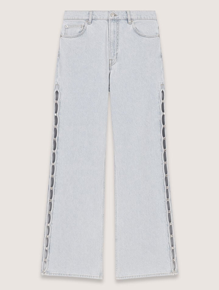 Wide-leg rhinestone cutaway jeans
