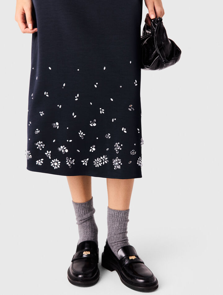 Embroidered satin midi skirt