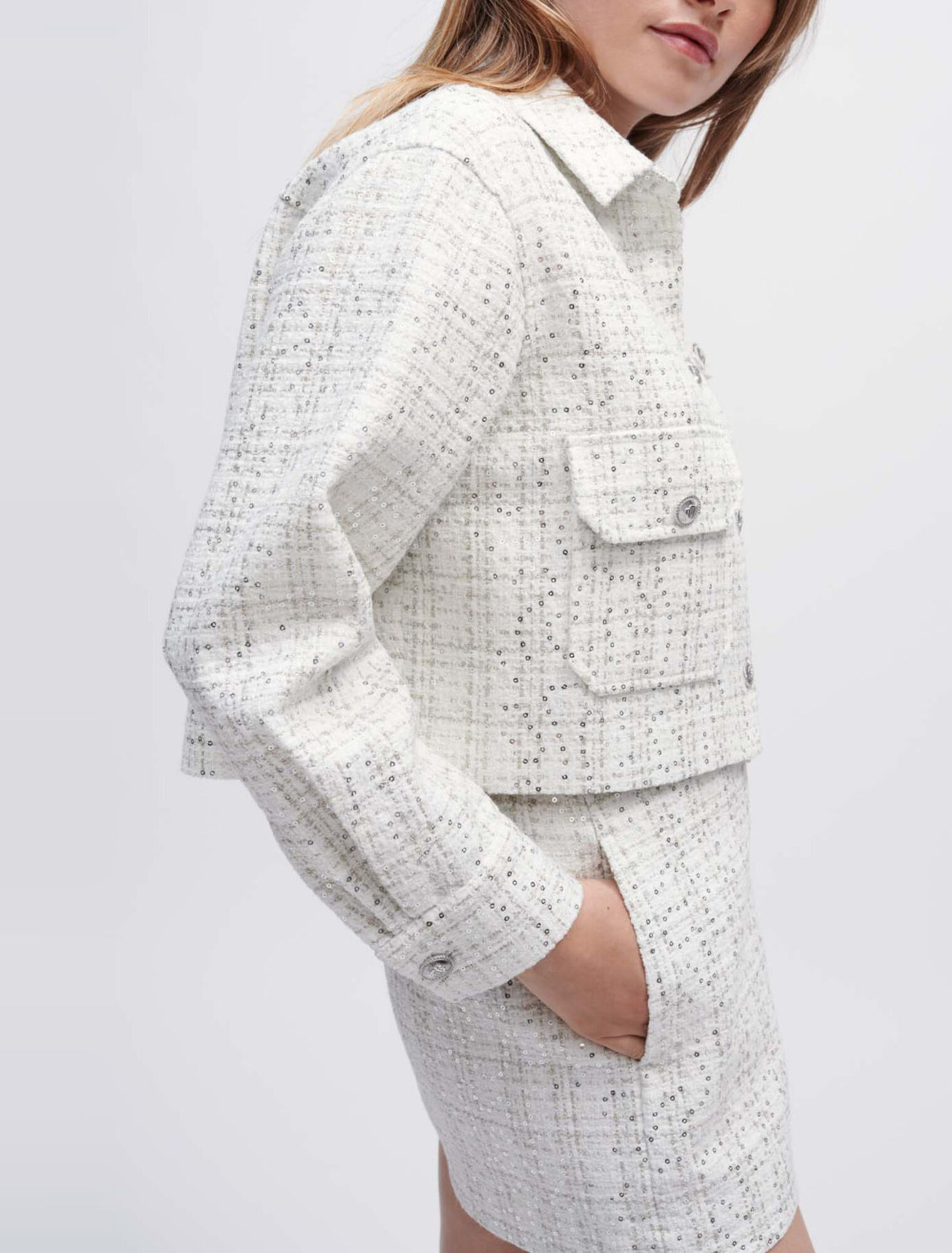 Ecru tweed shirt with sequins