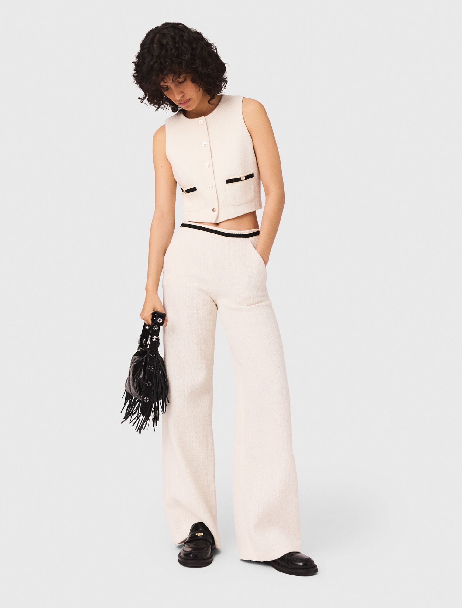 Wide leg tweed-effect trousers