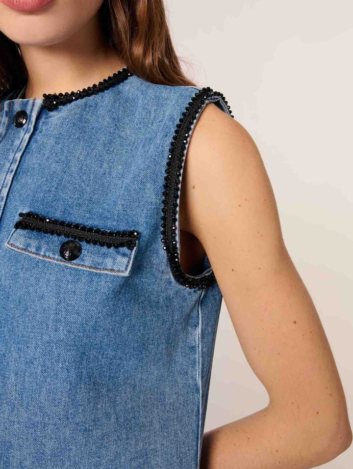 Denim dress with embroidered trim