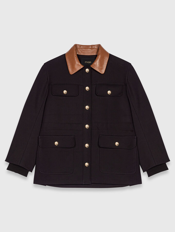 Parka with leather collar