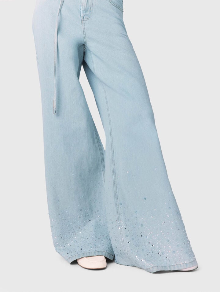 Wide-leg rhinestone jeans
