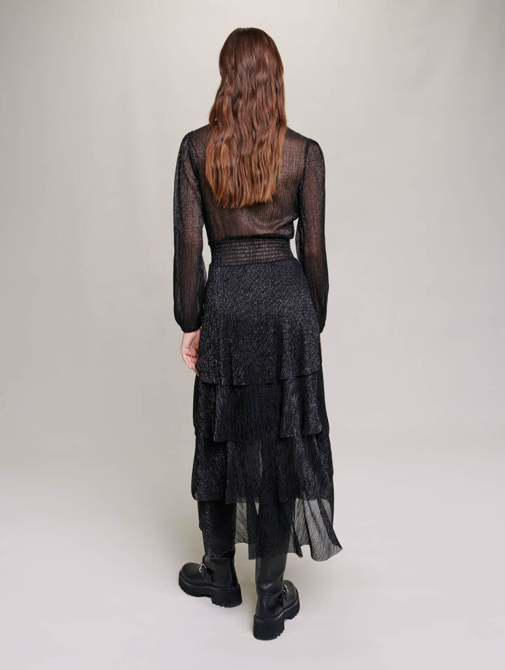 Pleated stretch lam&eacute; dress with ruffles