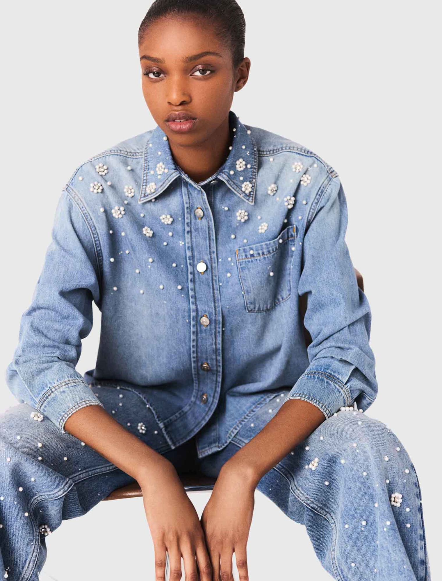 Denim shirt with embroidered beads