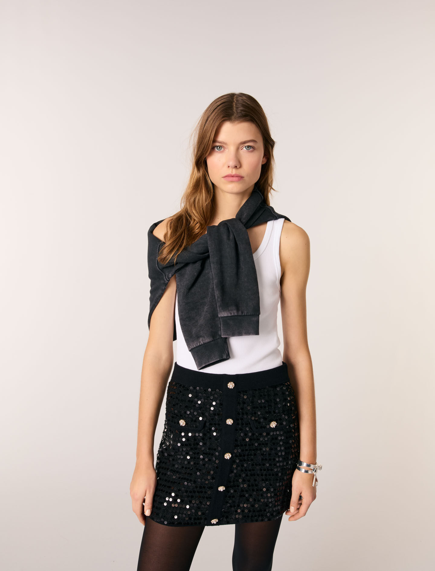 Short sequinned knit skirt Black / Gray for Women | Maje