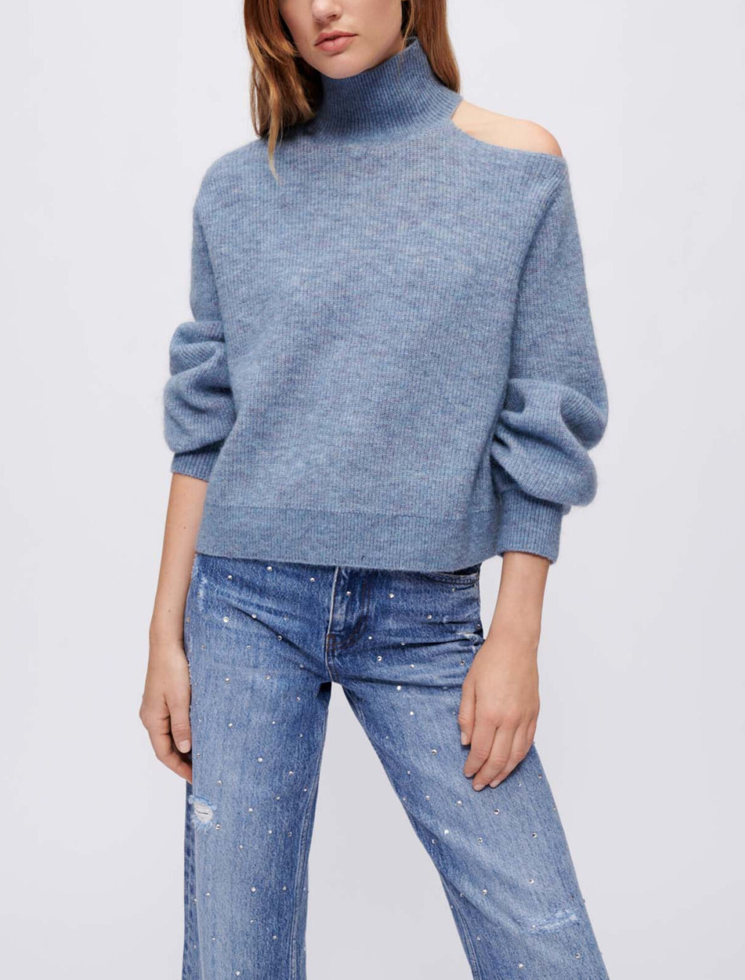 High-neck sweater with open shoulder