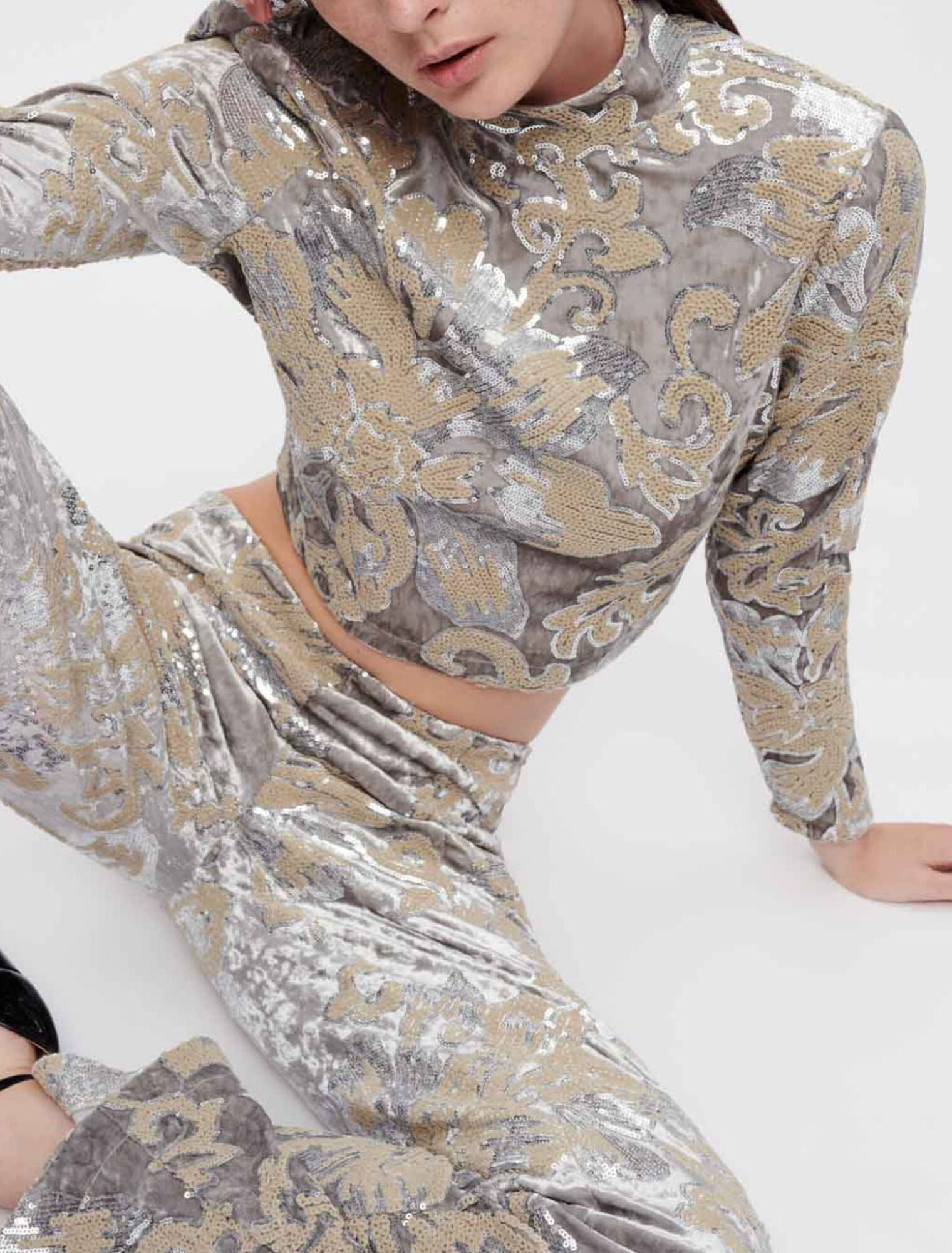 Sequin-embroidered velvet crop top