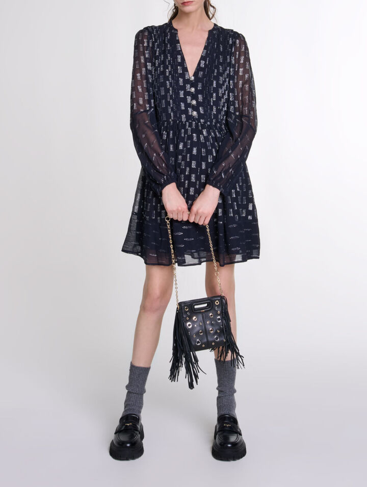 Pleated floral motif short dress