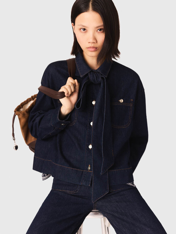 Denim shirt with pussy bow