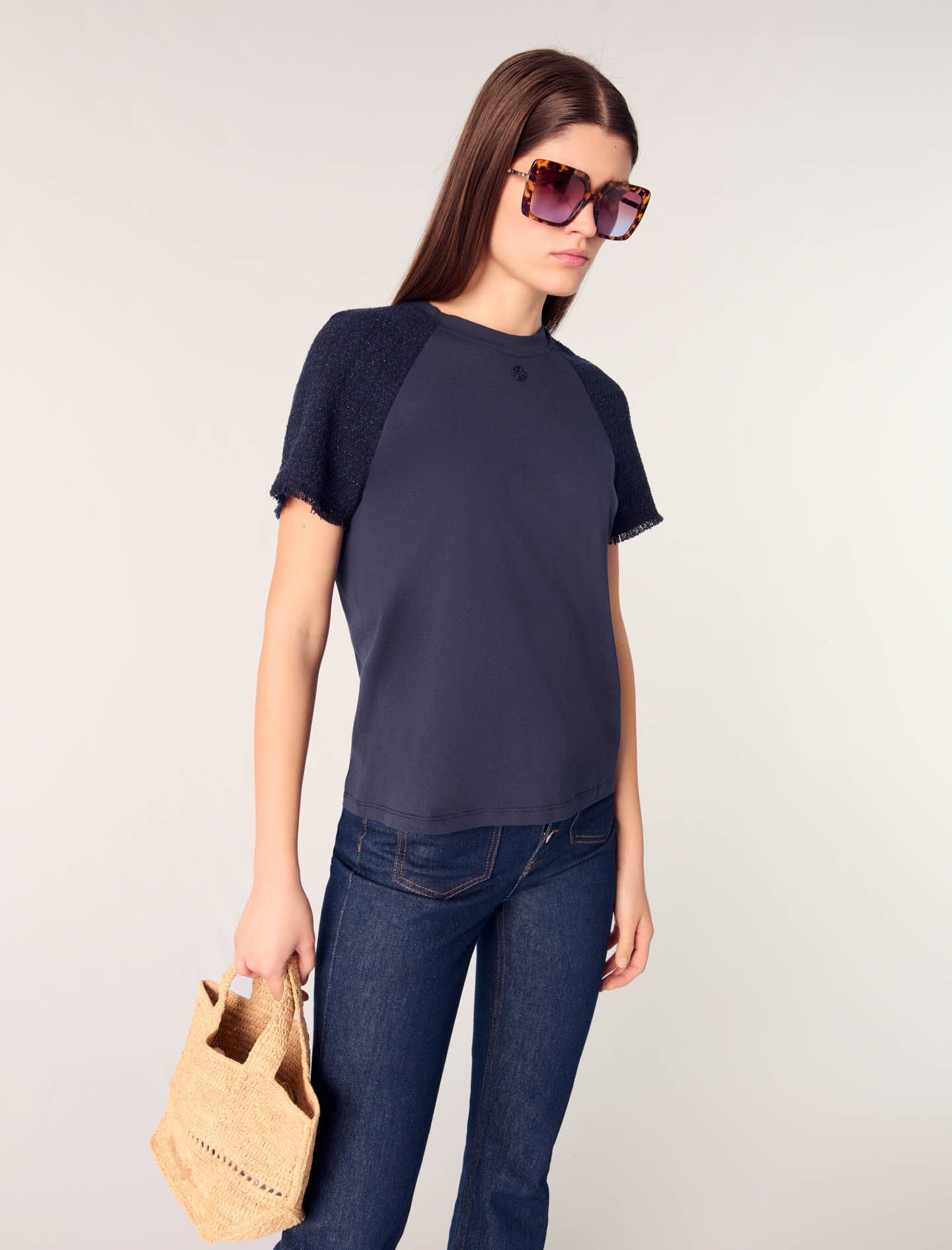 MAJE 売れ筋商品|||マージュ Tシャツ トップス レディース Tops Blue Tweed-sleeved T-shirt Blue for Women | Maje