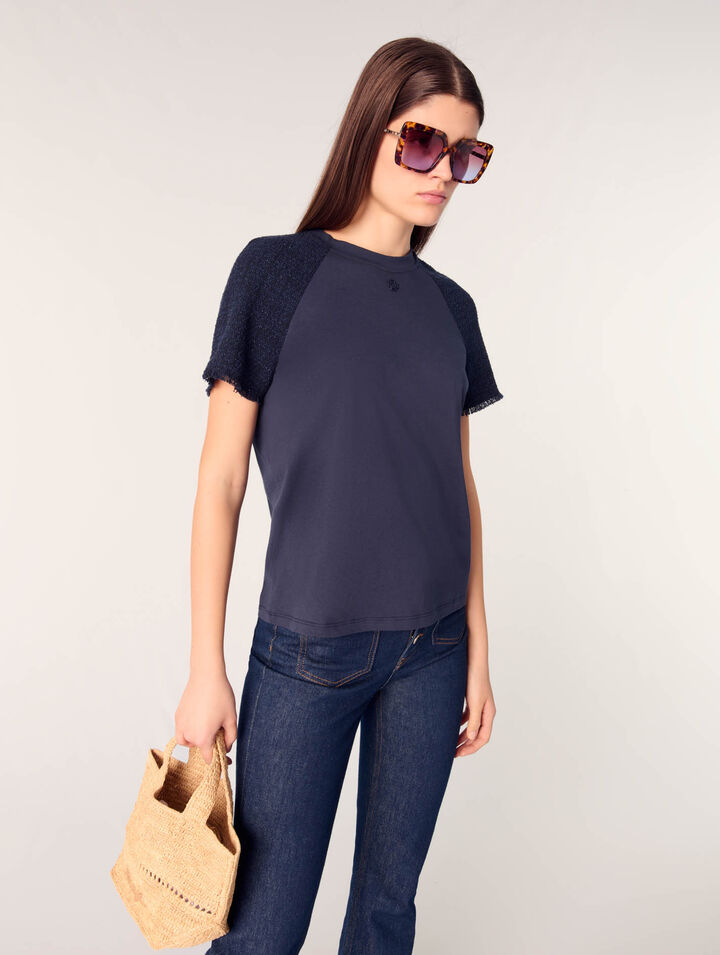 Tweed-sleeved T-shirt
