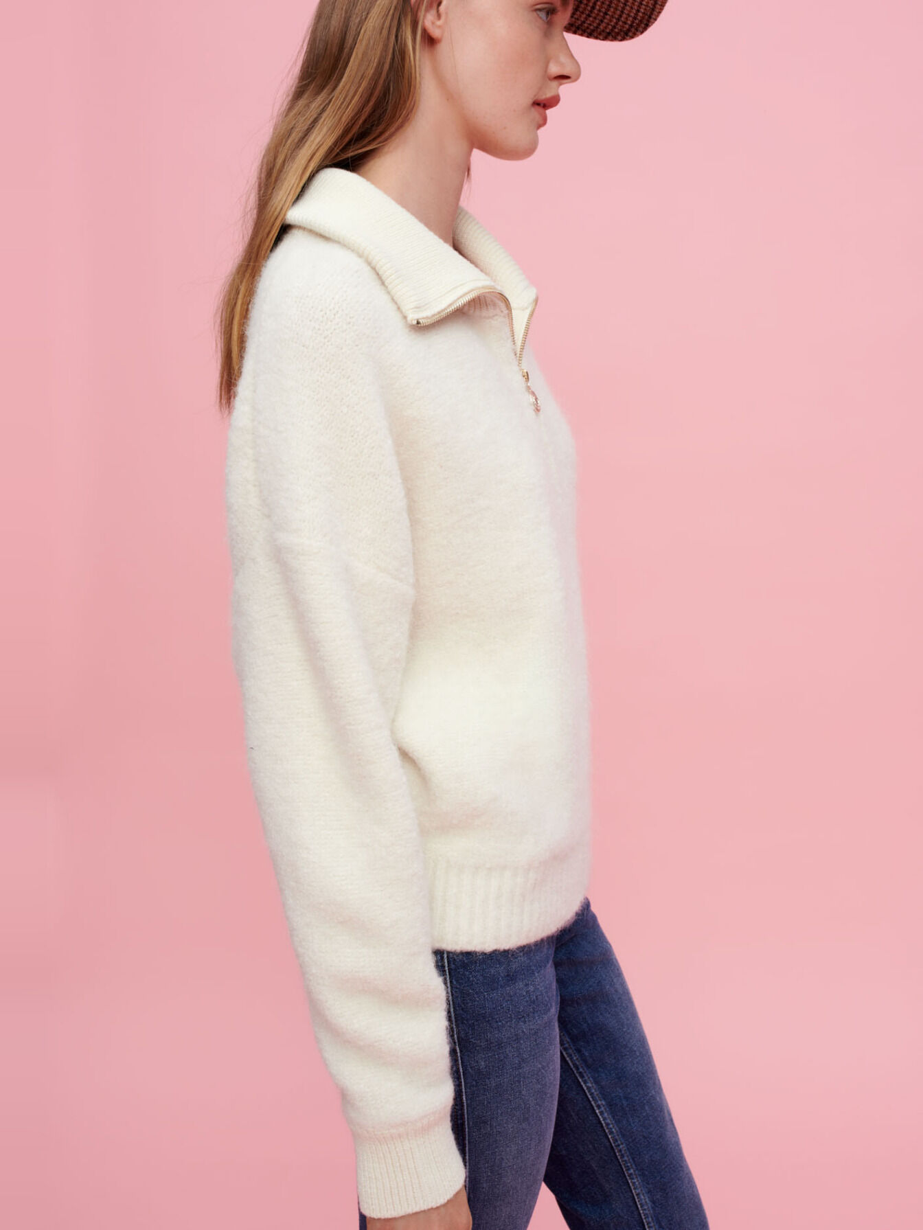 Ecru bouclé mock-neck jumper