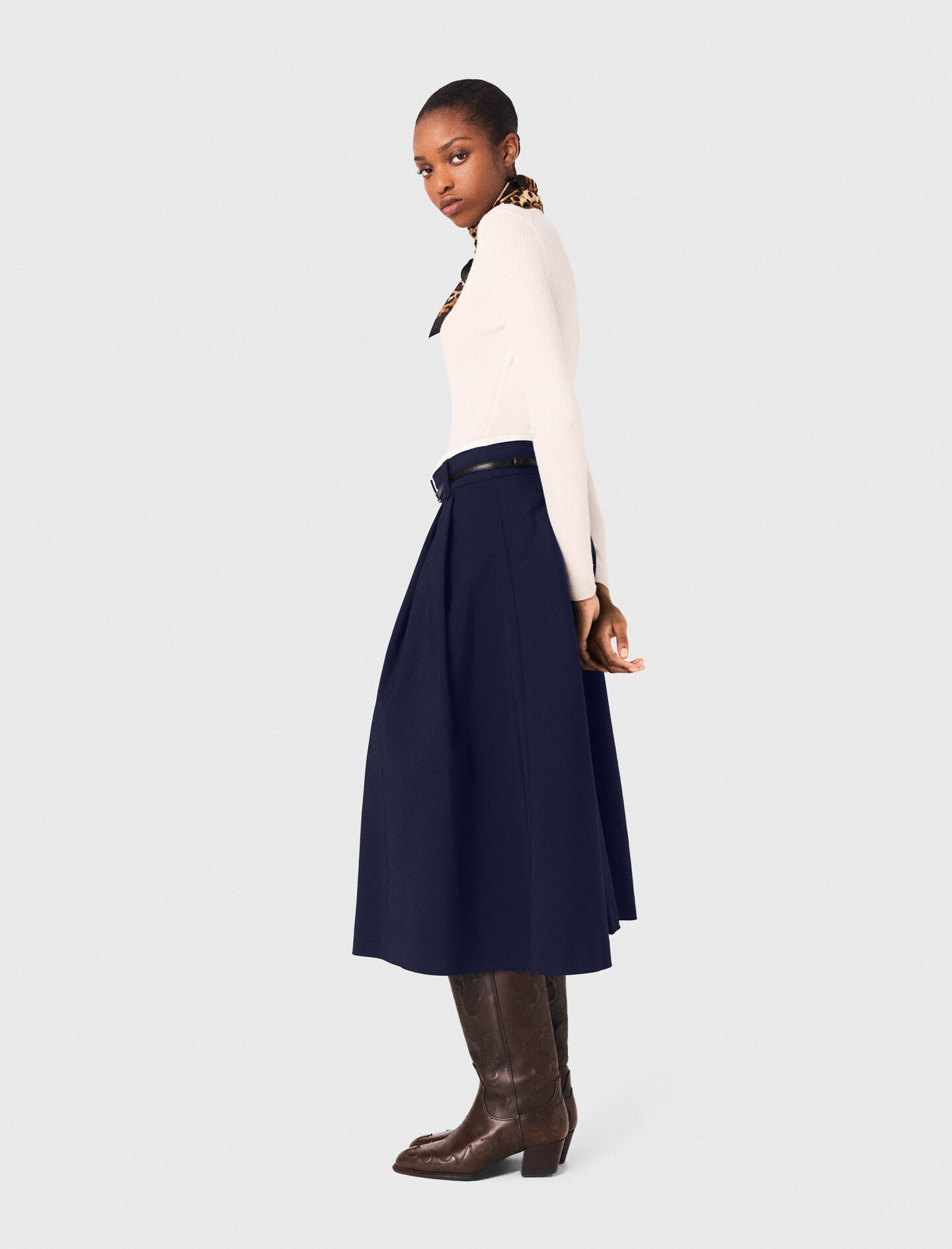 【n.VB】KL High Count SASH BELT SKIRT Long cotton skirt with belt Blue for Women | Maje