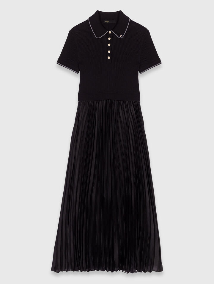 Pleated maxi dress with polo collar