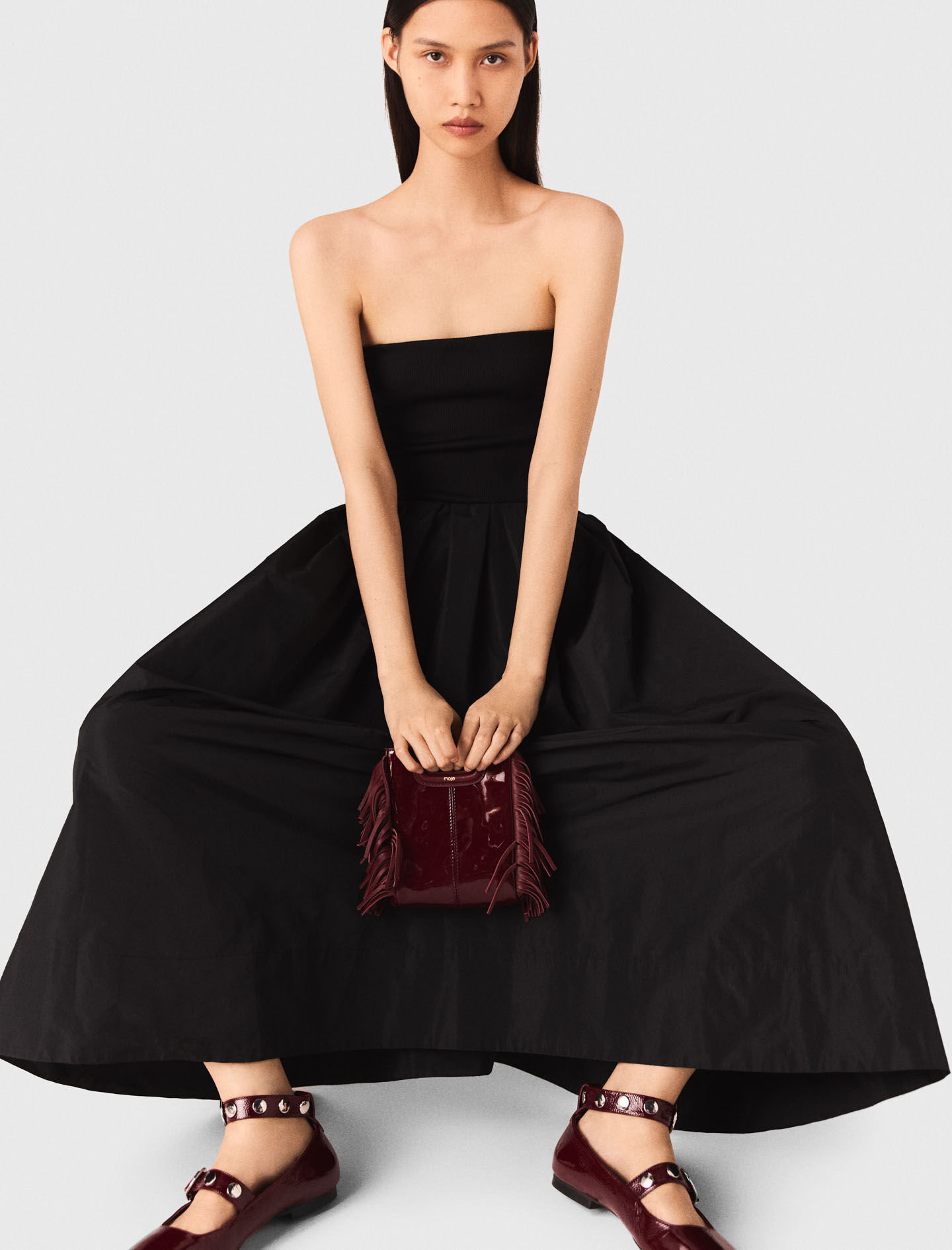 Strapless mesh and taffeta dress Black / Gray for Women | Maje