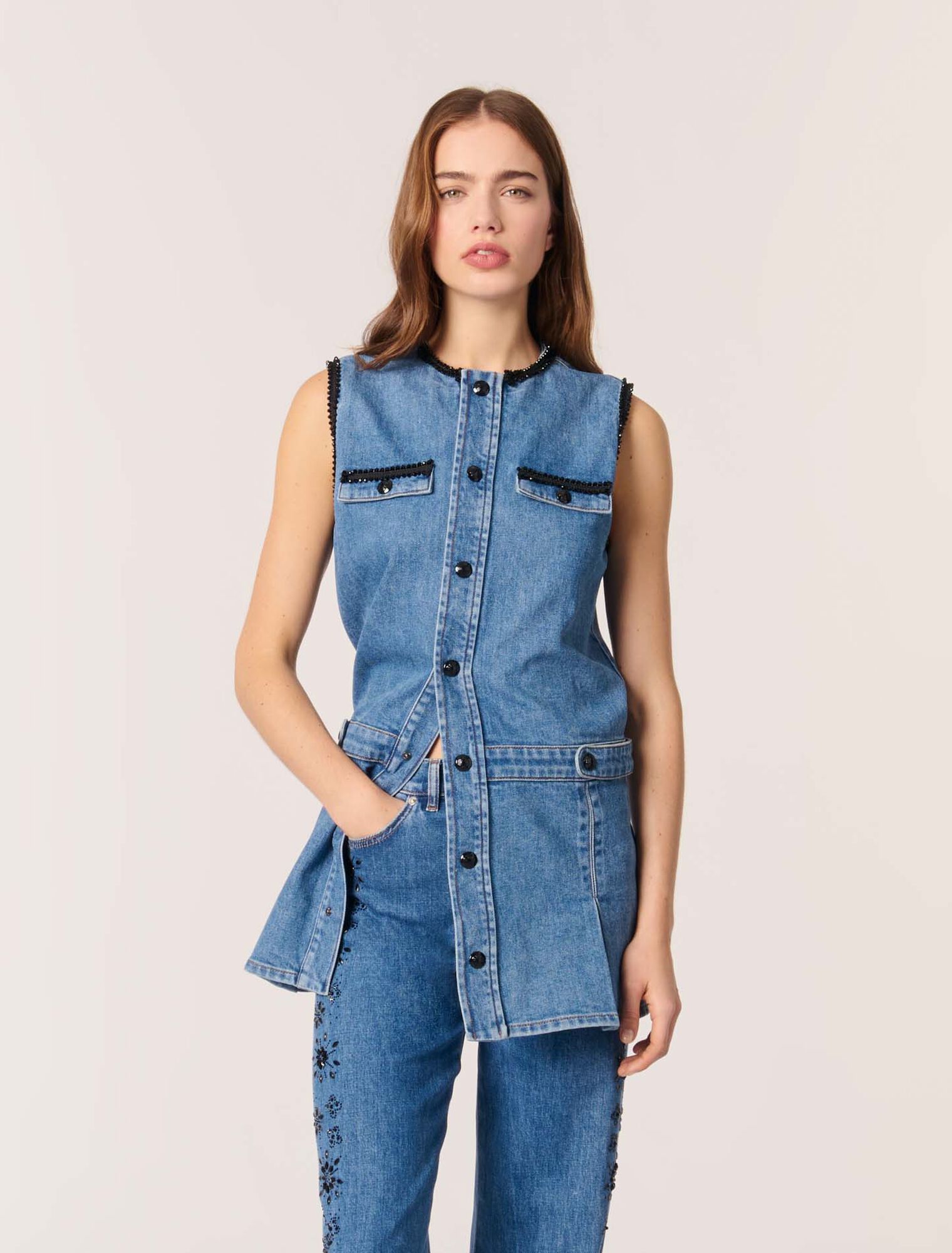 Denim dress with embroidered trim