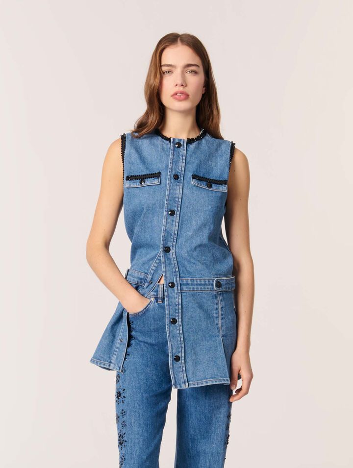 Denim dress with embroidered trim