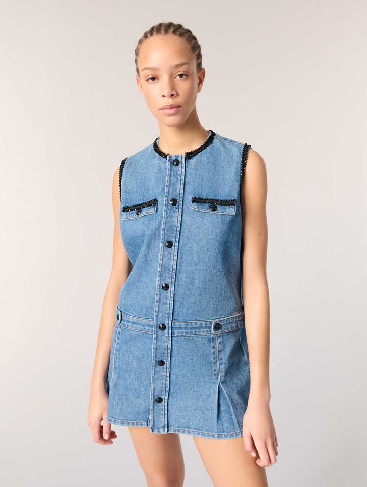 Denim dress with embroidered trim