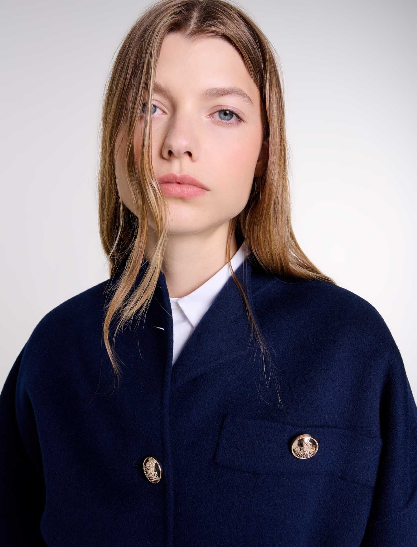 Belted short wool coat Blue For Women | Maje