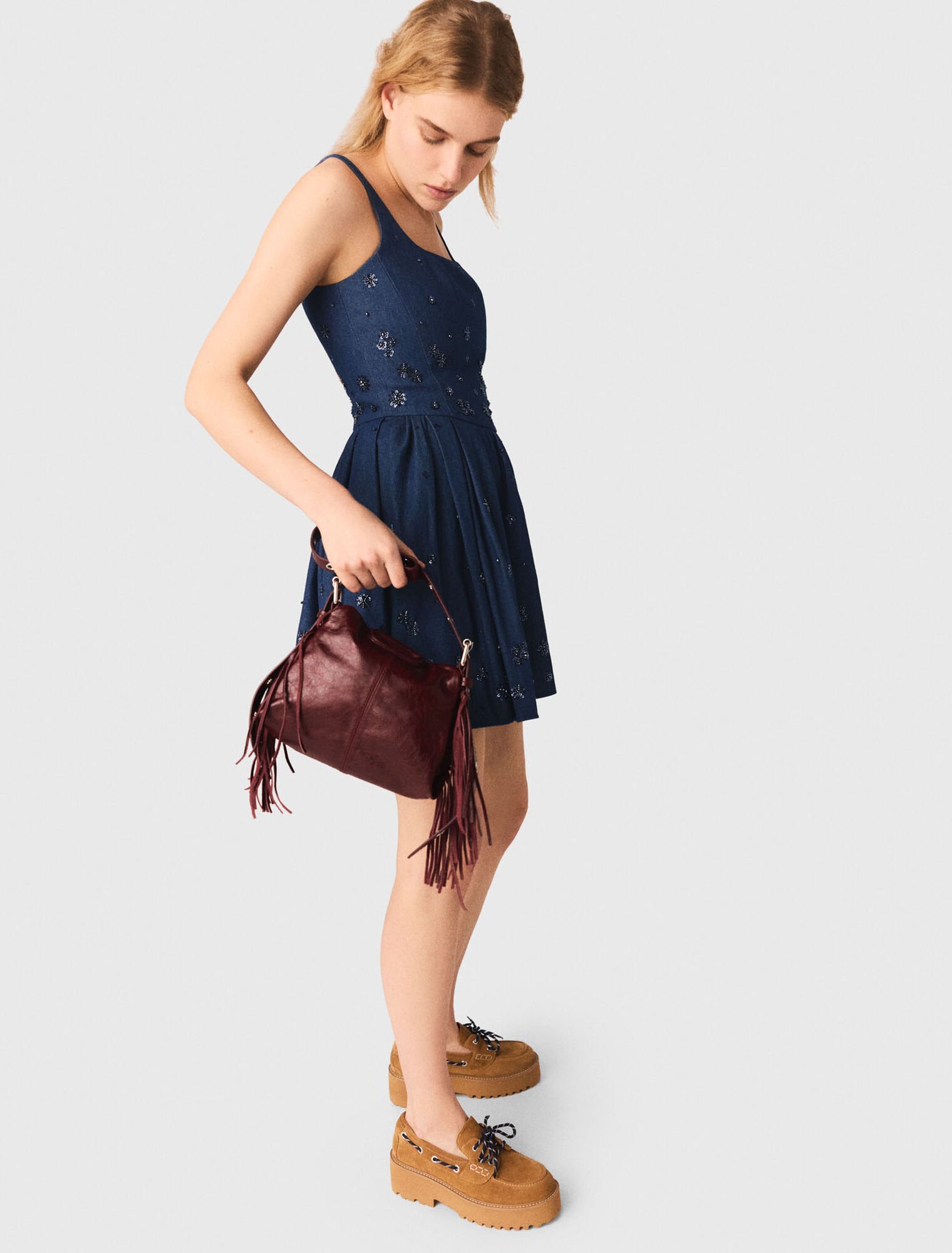 Flared embroidered denim dress