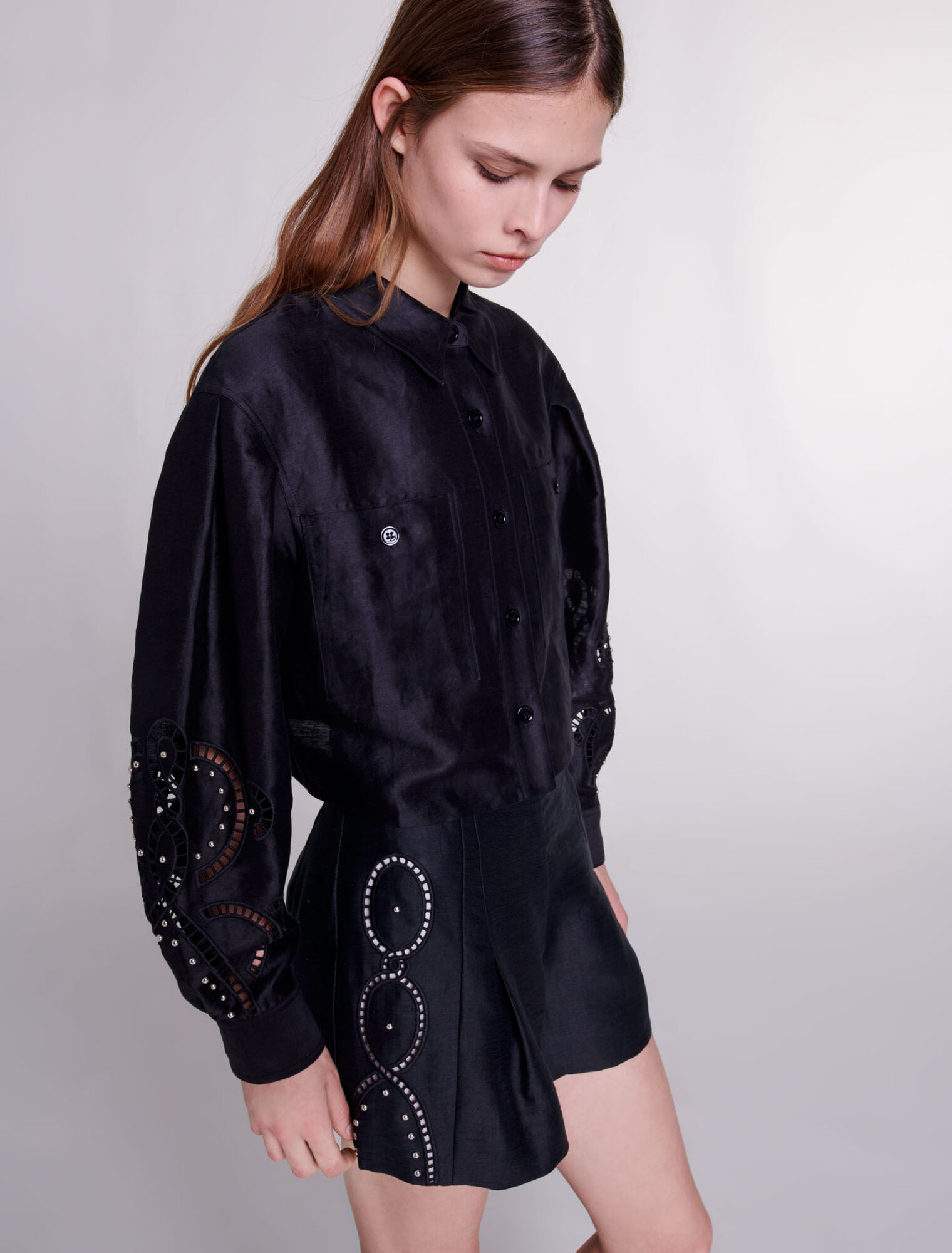 Openwork linen cropped shirt