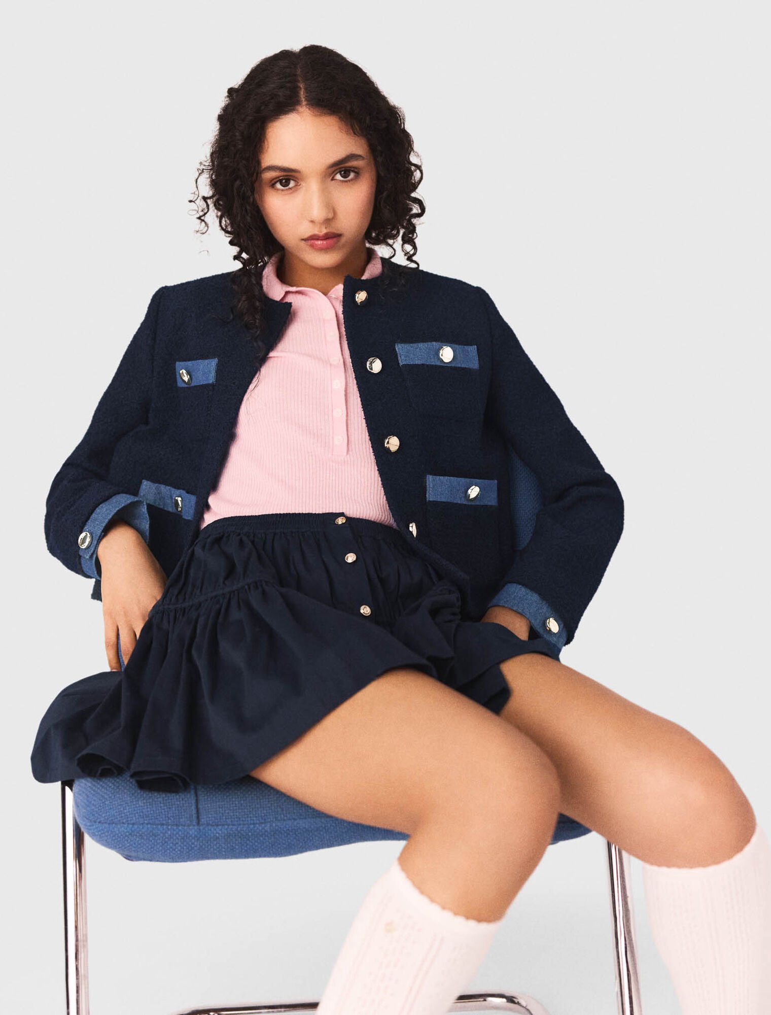 Tweed jacket with denim trim