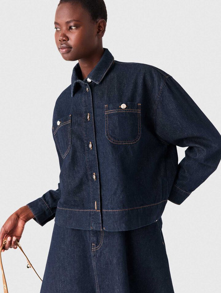 Denim shirt with pussy bow