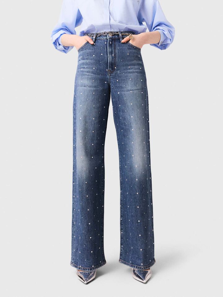 Wide-leg denim jeans with studs