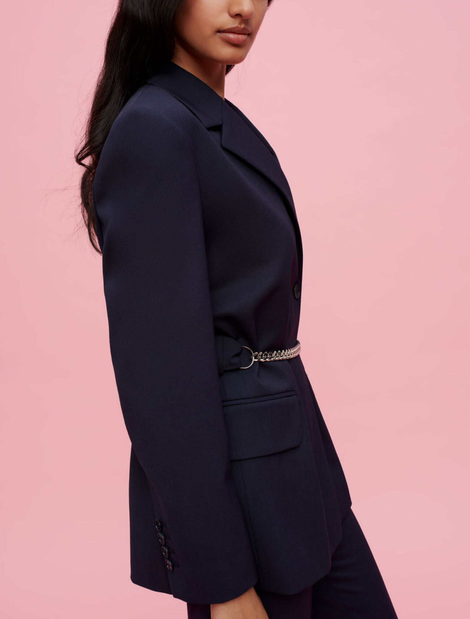 Tailored jacket with chain belt
