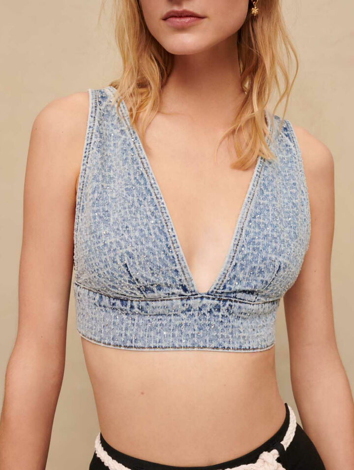 Denim bra top with rhinestones