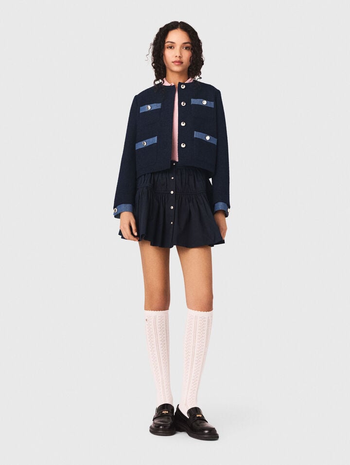 Tweed jacket with denim trim